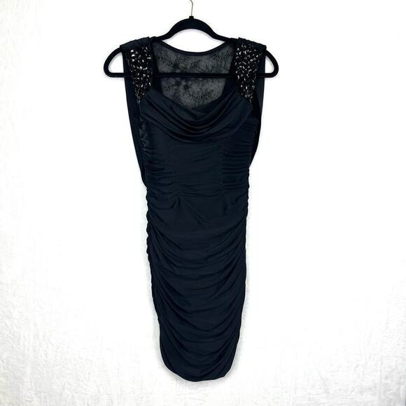 Sherri Hill Black Rouched Lace Draped Jewel Straps Bodycon Mini Dress Size 4 - Picture 1 of 15